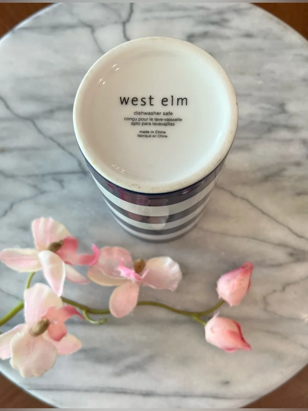West Elm Nautical Blue & White Striped Ceramic Bud Vase / Bathroom Tumbler